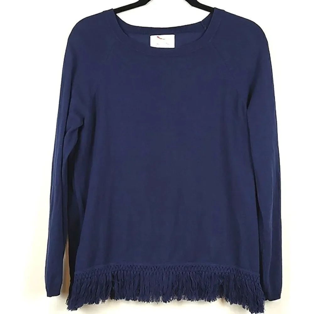 STS Sail to Sabel Navy Blue Lightweight Cotton Knit Sweater Fringe Hem Size M